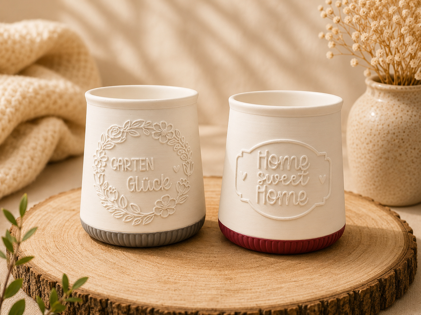 Zwei geprägte Keramikvasen mit Schriftzug 'Garten Glück' und 'Home sweet Home'