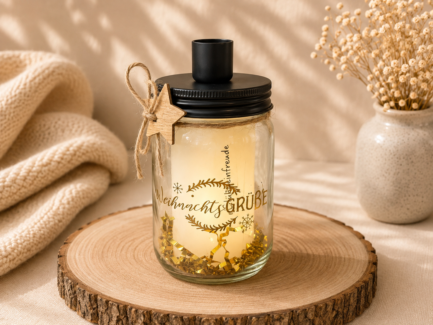 Beleuchtetes Glas mit Aufschrift 'Weihnachtsgrüße'